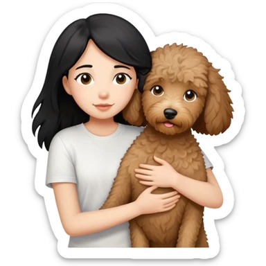 One girl with medium long black hair dressing white T-shirt, hugging One little brown coated labradoodle. sticker