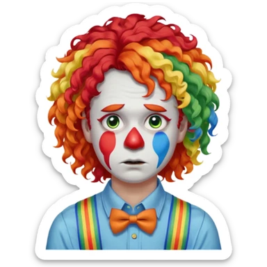 Rainbow-colored curly wig (red, yellow, green, and blue).

White face paint with blue eye makeup and a red nose.

Wearing orange suspenders over a blue shirt.

Sad, frowning expression. sticker