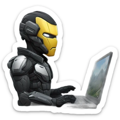 Side view developer behind his laptop with this style : Crytek Crysis Video game with nanosuit hacker themed character sticker
