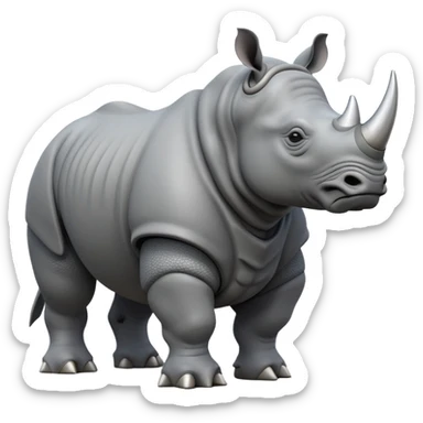 cinematic-rhino-full-body-standing-emoji,slate grey skin -massive-armored-body-poised-powerfully,-thick-horn-curving-slightly-forward,-head-tilted-dramatically,-rough-grey-hide-covered-in-dust,-simplified-focused-features sticker
