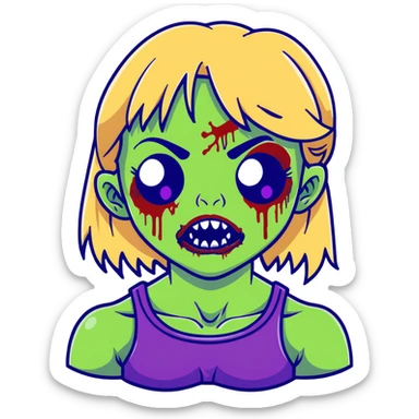 Zombie girl with green skin, purple bruises, gaping mouth, blonde long hair with bangs sticker