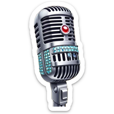 Create a glamorous and vibrant emoji representing stage vocal performance. The design should feature a humanless collage of classic vintage microphone, stage costume covered in rhinestones, sparkling brightly. The costume should be stylized, with glittering elements like sequins and sparkles, and reflect the glitzy, extravagant nature of show business. The microphone should have a sleek, retro look with chrome or metallic accents. Use rich, dazzling colors like gold, silver, deep purple, and bright red to evoke the glamorous, larger-than-life feel of a stage performance. The background should be transparent. sticker