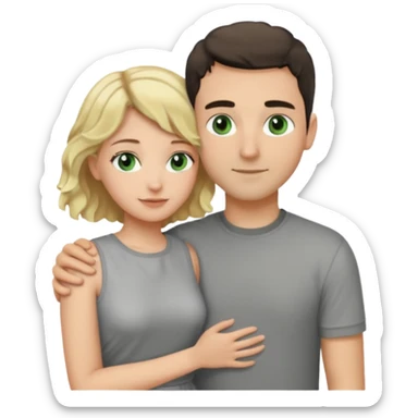 couple hugging.  girl is blonde with wavy hair. man is tall with dark hair in a crew cut. both have green eyes. both are white people. sticker