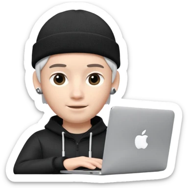 Apple Memoji–style 3D avatar of a young male with a beanie and AirPods, using a laptop, soft lighting, white background. sticker
