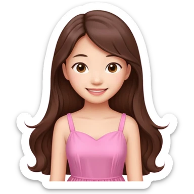 girl aesthetic emoji, asian beautiful long brown hair pink dress sticker