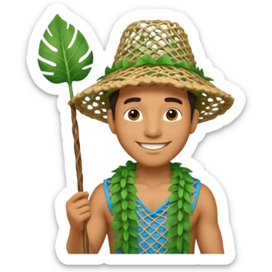 Hawaiian man with leaf hat and big net and colorful cloth sticker