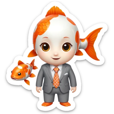 A super cute and fun koi fish character with big anime eyes, rosy cheeks, playful smile, sleek rounded body with orange and white patterns, wearing a neat business suit, white shirt, and tiny tie sticker