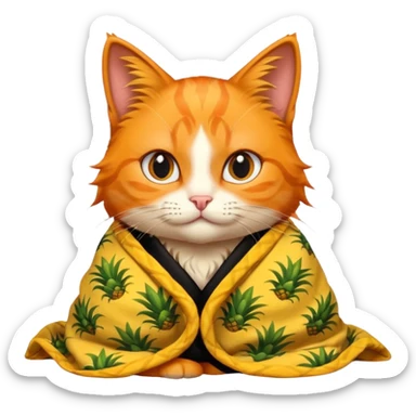 An orange female cat with a computer, with long eyelashes and black wavy hair,
She wears a blanket with pineapple patterns on her body sticker