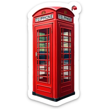 Cinematic Realistic depiction of an iconic red telephone box, rendered in vivid, saturated colors with detailed textures and reflective surfaces, set on a classic English street under soft, diffused daylight sticker