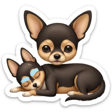 A high-resolution photo-realistic digital illustration of a cute  black with a bit of tan chihuahua with eyes closed shut sleeping lazily on the ground sticker