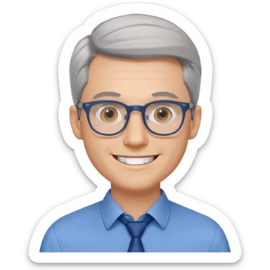 30 yr old pale white man, grey side swept hair, round glasses, big smile, white teeth, handsome, longer hair, thin glasses, blue dress shirt, no tie, stylish hair sticker