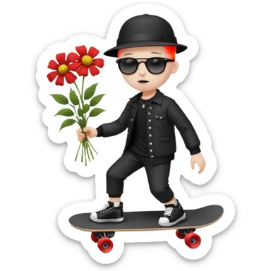 ["A sad boy with pale skin, bald, wearing a sunhat and sunglasses, dressed in goth fashion, is skateboarding while holding a flower bouquet."] sticker
