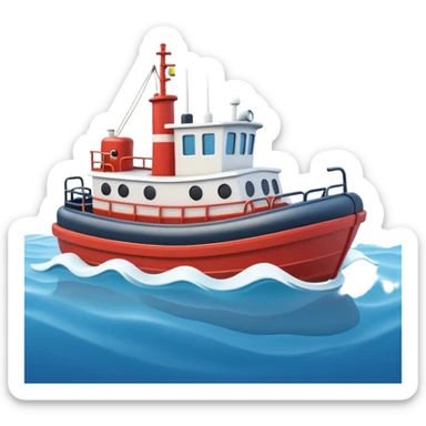 A 3D cartoon tugboat towing another boat on calm blue water, soft waves, clear sky, Memoji-style. sticker