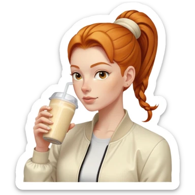 Ginger girl with cream jacket drinking pre workout shake middle part slick back bun sticker