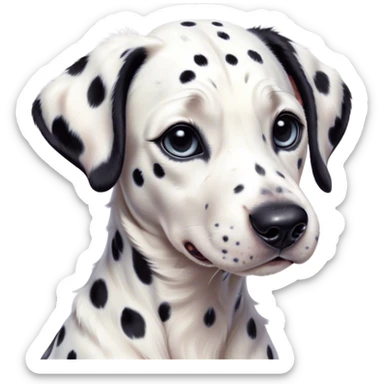 Cinematic Cute Spotted Dalmatian Portrait Emoji, Head tilted playfully and inquisitively, featuring a glossy Fur of predominantly white with dynamic black patches, round, sparkling eyes filled with gentle curiosity, Simplified yet irresistibly adorable features, highly detailed, glowing with a warm, friendly glow, high shine, affectionate and gentle, stylized with a touch of whimsy, bright and endearing, soft glowing outline, capturing the essence of a mischievous yet loving pup, so playful it feels like it could lumber out of the screen and into your arms! sticker