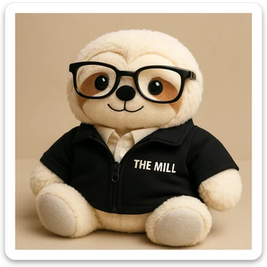 Make this sloth look like a plushy, soft and cuddly toy, inspired by the reference photo, but still wearing a black 'The Mill' jacket and looking business savvy. The style should reflect a plush toy softness and cuddliness. sticker