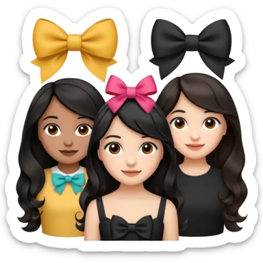 three girls with brown eyes, white and brown skin tones, first girl with completely black straight hair and a bow on her head, middle girl with black wavy hair and a bow, last girl with black voluminous loose waves and a bow, emoji style sticker