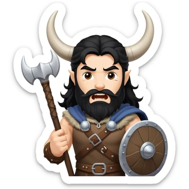 vikingo, con cuerno de vaca, pelo negro ondulado, de pie, grito de guerra en torre de Asgard. sticker