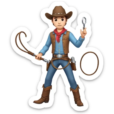 cowboy man holding a whip, dynamic pose, western outfit, adventure vibe, 3D cartoon, mobile game icon style, clean background, no text, no watermark
 sticker