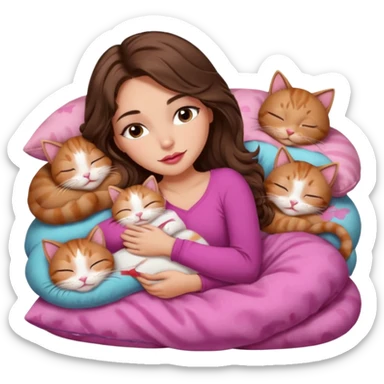 girl with long wavy brown hair, brown eyes, long lashes makeup, sexy pink lips, light to medium complexion,  sleeping on a cozy pillow, with 6 cute cats, sleeping sticker
