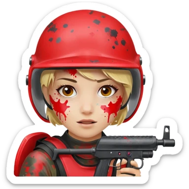 blond girl playing paintball with red paintball helmet, only face sticker