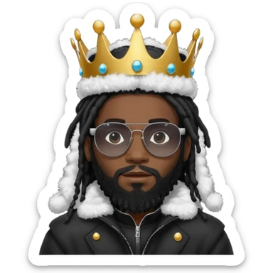 African American man with beardwith shoulder length black dreadlocks wearing black sunglasses with black bubble winter coat weariring a crown on his head sticker