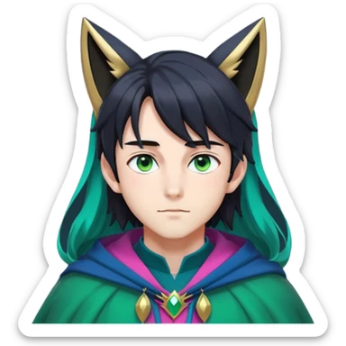 anime man with long-straight-dark-black-gradient hair with green accents, long black fox ears with pink Scapha, hazel-gradient-brown-turquoise eyes, gold earring, dark-blue-sweater, green cape,  sticker