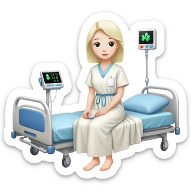 patient in a hospital gown sitting on a bed sticker