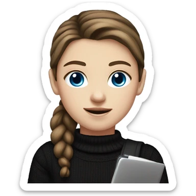 caucasian white girl student, holding laptop, blue eyes, dark brown hair ponytail wearing a thick black sweater sticker