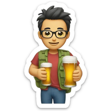 Japanese wearing glasses alohashirt is holding beer sticker