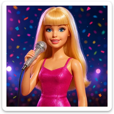 Pretty and girly Blonde pop star with bangs, holding a bedazzled microphone, reimagined as a Barbie doll, with a nighttime concert backdrop with colorful confetti sticker