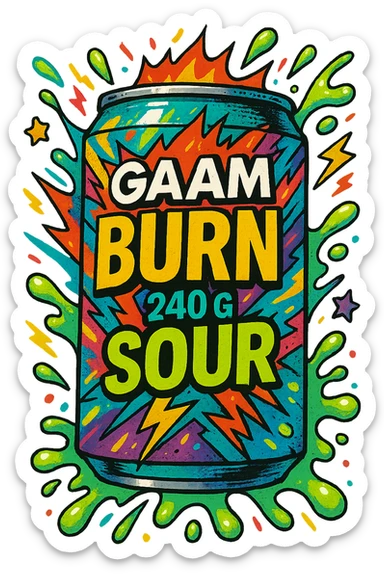 Gaam Burn 240 G Sour, energetic and vibrant, digital illustration, no background sticker