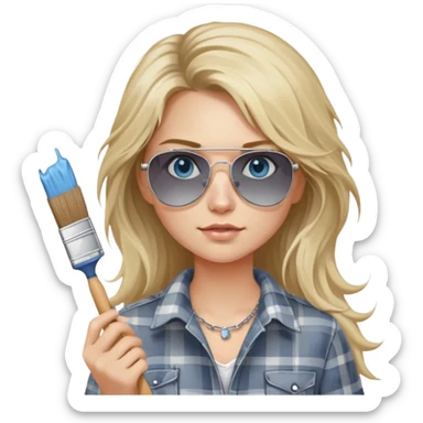 girl with long blond messy hair, wearing grey plaid shirt with blue eyes and aviator sunglasses wearing a ring on her silver necklace, holding a paint brush roller with a small bit of white paint on her face sticker