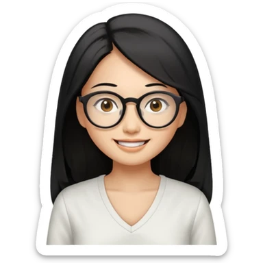 medium tan asian woman with long black hair past middle of back, round brown eyes, white v neck blouse. she has black  square frame glasses on and smiling with no teeth sticker