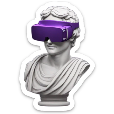 an EMOJI OF A ancient young greek statue, wearing VR headset, purple colors, DIGITAL UNIVERSE sticker