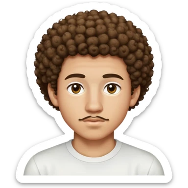 17 year old light-skinned boy with slightly brown smaller eyes, small mustache above lip, very curly hair like a small afro with cut sides, one single curl like an antenna falling on forehead, wearing a tight white shirt sticker
