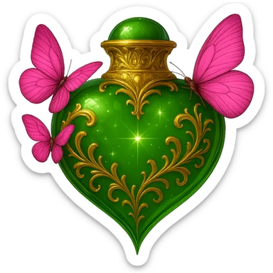 Edit the image of a crystal green heart-shaped bottle with golden details to be floating in the air with no base or shadow, on a transparent background. Butterflies should be touching and attached to the bottle as in the original image, not separate. The design remains elegant with a beautifully connected bottom, no additional elements. Maintain the crystal green heart shape with golden details and an elegant look. sticker