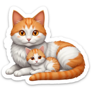 full body of a grey and white cat cuddling a very small + skinny ginger and white kitten with deep orange eyes and triangular shaped face lying down sticker
