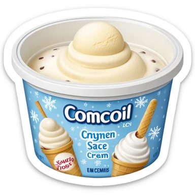 A creamy ice cream tub with a minimalist printed label showing flavor name and brand logo, sitting inside a store freezer. The lid and sides of the container have small frost crystals and condensation. Realistic photography style with soft lighting and a cool-toned background. sticker