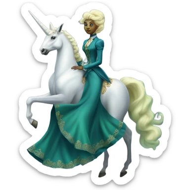 "galora green blonde alien woman" in blue Victorian dress elegant, full body, on white unicorn sticker