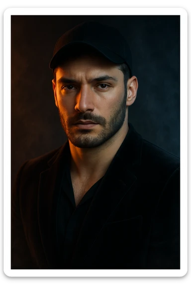 Usa questa immagine come riferimento per creare un ritratto iperrealistico e ravvicinato di un carismatico nodello maschile, ambientato in un contesto editoriale suggestivo. I volto è illuminato da fasci di luce ambrata e blU ghiaccio che contrastano tra loro, esaltando la simmetria marcata della mascella, la sottile barba incolta e uno sguardo penetrante e sicuro. I| modello indossa una giacca sartoriale scura in morbido velluto, leggermente sbottonata sul colletto. Lo sfondo sfuma in un profondo gradiente antracite con una delicata foschia cinematografica e sottili bagliori di luce. Un lieve velo di nebbia avvolge la sua silhouette, accentuando un'atmosfera sofisticata e misteriosa. L'effetto complessivo evoca un'eleganza di alta moda con un tocco moderno e malinconico, ideale per una campagna pubblicitaria di lusso o per la copertina di una prestigiosa rivista. sticker