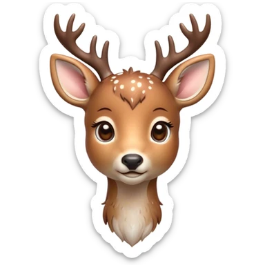 Cinematic Cute Deer Portrait Emoji, Head tilted playfully and inquisitively, showcasing a delicate Fur speckled with subtle white spots and gentle earth tones, round, sparkling eyes filled with curious wonder, Simplified yet irresistibly adorable features, highly detailed, glowing with a warm, friendly glow, high shine, affectionate and graceful, stylized with a touch of woodland whimsy, bright and endearing, soft glowing outline, capturing the essence of a mischievous yet loving fawn, so playful it feels like it could skip out of the screen into your arms! sticker