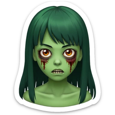 Faça uma menina de cabelo liso preto com franja zumbi cabelo longo 🧟‍♀️ faça ela assim faça ela verde com cara mais assustadora sticker