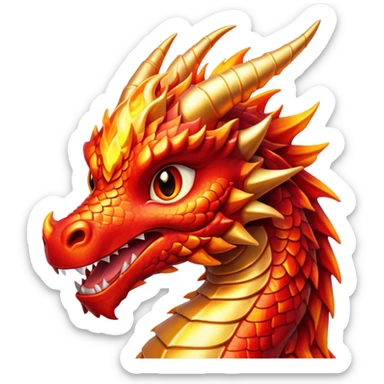 Cinematic Cute Fierce Fire Dragon Portrait Emoji, Head tilted playfully and inquisitively, showcasing a robust, flame-embellished form with intricately detailed scales in vibrant reds and glistening golds, accented by flickering ember highlights and a warm, inviting glow; rendered with lifelike detail and radiant natural light, high shine, spirited yet endearing, styled with a touch of blazing whimsy, soft glowing outline, capturing the essence of a mischievous yet charming inferno that seems ready to dance with playful fire! sticker