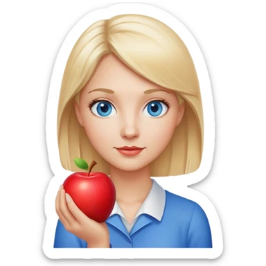 blonde hair blue eyes teacher female with apple sticker
