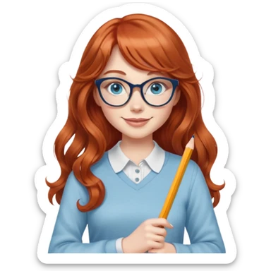 redheaded woman with very long wavy hair and bangs, blue eyes, clear cat-eye glasses, casual chic outfit, holding a pencil, smiling sticker