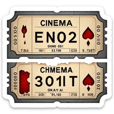 Minimalist emoji-style sticker of an old torn cinema ticket, no text, blood-stained edges and burn holes, grayscale paper

 sticker