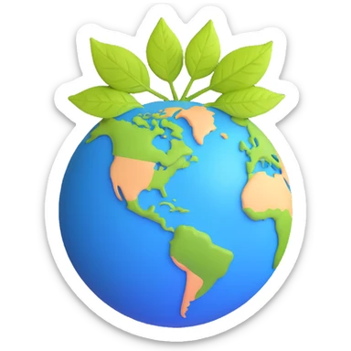 A single green leaf resting gently on top of a vibrant, round Earth globe. The focus is on the leaf and the globe with a simple background and soft natural lighting sticker