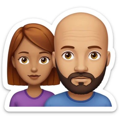 Couple. A bald man with dark brown beard and a girl with light skin. She has dark yellow brown auburn hair. Different skincolor. She has very light skin. sticker