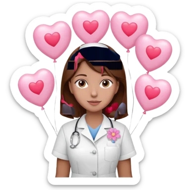 Brown hair Nurse with pink heart and flowers surround her in a random pattern sticker